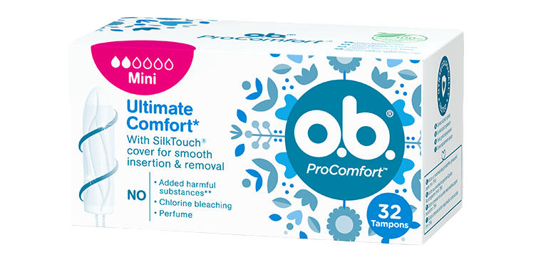 Vorderseite der Verpackung des o.b.® ProComfort Mini Tampons mit 32 Stück