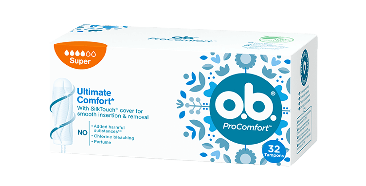 Vorderseite der Verpackung des o.b.® ProComfort Super Tampons mit 32 Stück
