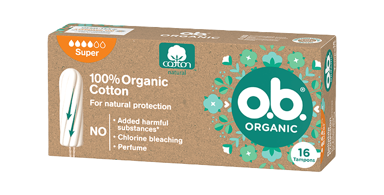 Vorderseite der Verpackung des o.b.® Organic Super Tampons mit 16 Stück