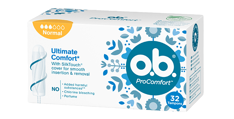 Vorderseite der Verpackung des o.b.® ProComfort Normal Tampons mit 32 Stück