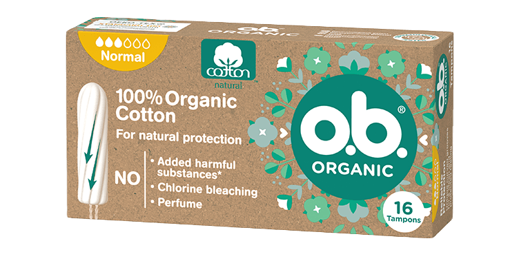 Vorderseite der Verpackung des o.b.® Organic Normal Tampons mit 16 Stück